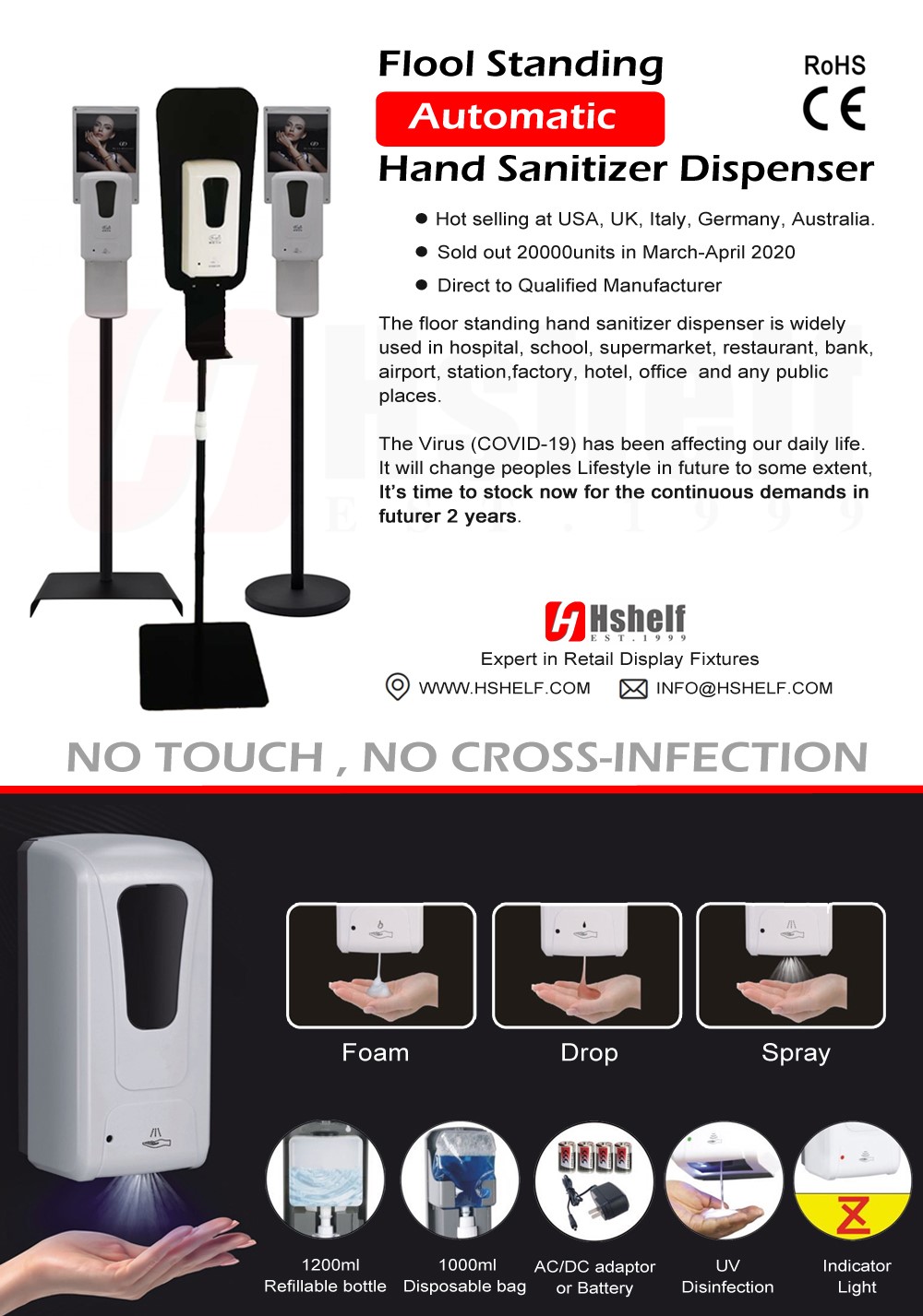 Free standing Hand Sanitizer dispenser with floor stand